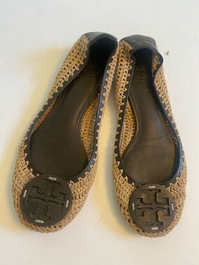 Tory Burch Tan Crochet Flats with  Logo Medallion 8.5